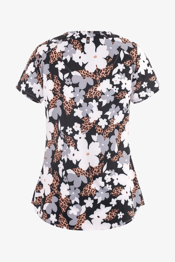 Blusa médica estampada Grey's Anatomy Spandex Cheetah Pop STRETCH con cuello en V y 4 bolsillos para mujer - null - 2