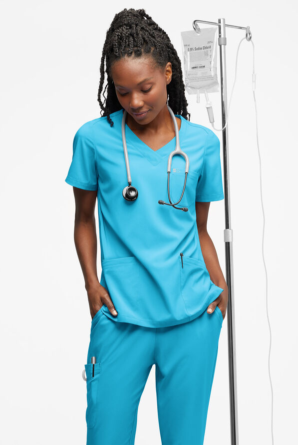 Easy STRETCH Tessa Women's 5-Pocket V-Neck Scrub Top - Turquoise - 4
