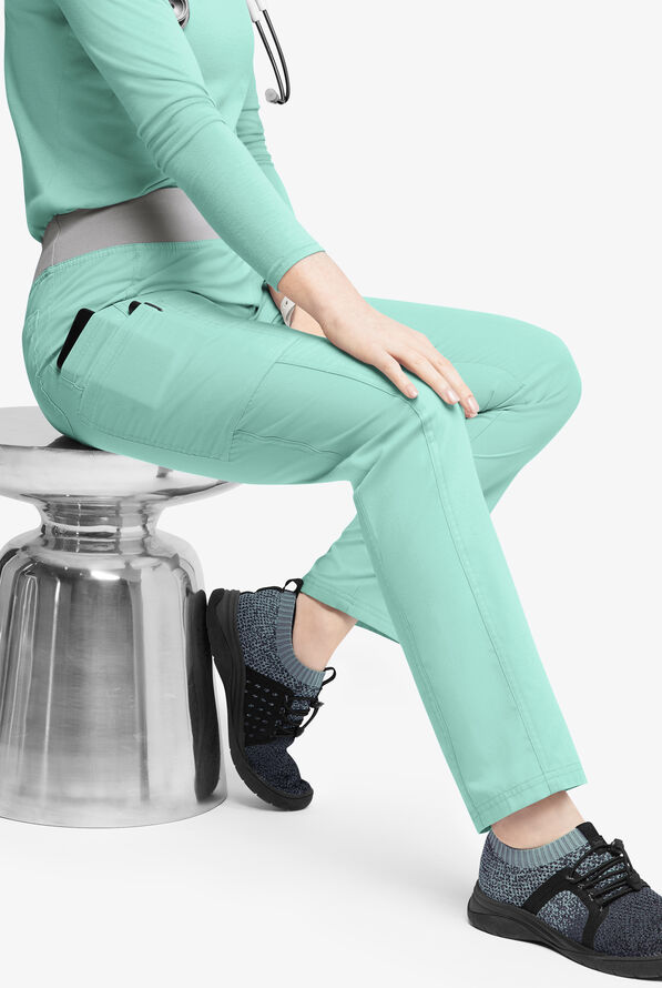 Butter-Soft Originals Women's 5-Pocket Mid Rise Tapered Leg Yoga-inspired Scrub Pants - Petite - Water Mint/Silver - 4