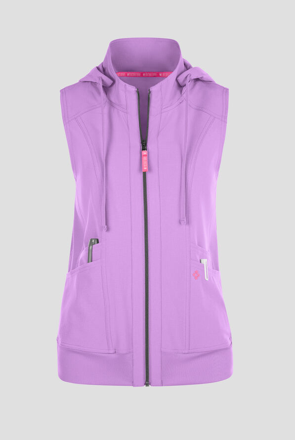 Med Couture Amp Women's 4-Pocket STRETCH Zip Front Removable Hoodie Scrub Vest - Digital Lavendar - 1