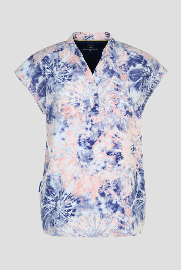 Healing Hands Twilight Tie Dye Women's 3-Pocket STRETCH Mandarin Collar Print Scrub Top - null - 1
