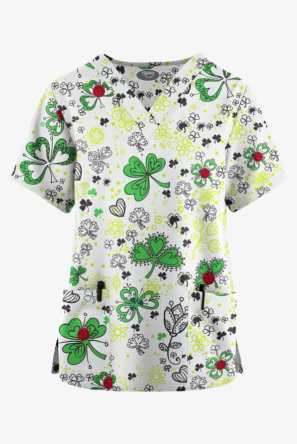 Blusa médica estampada Happy Scrubs Ladies & Clovers con cuello en V y 2 bolsillos para mujer - null - 1