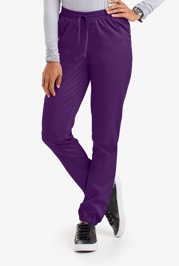Butter-Soft STRETCH Women's 5-Pocket Jogger Scrub Pants - Petite - Eggplant - 1