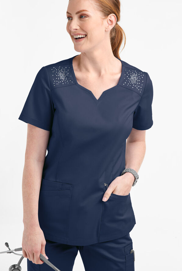 Butter-Soft STRETCH Women's 6-Pocket Crystal Bling Scrub Top - Navy - 2