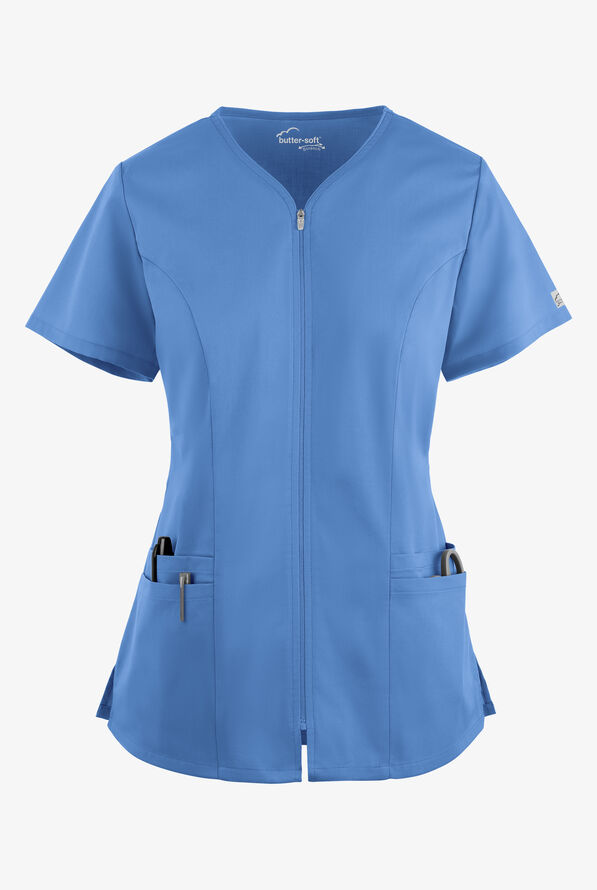 Butter-Soft STRETCH Women's 4-Pocket Smooth Face Zipper Scrub Top - Ceil Blue - 1