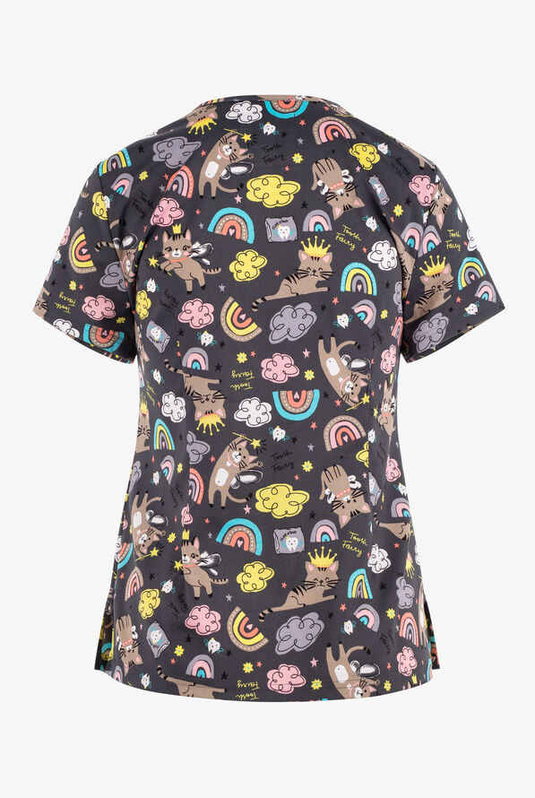koi Basics Toof Fairy Cats Women's 2-Pocket STRETCH V-Neck Print Scrub Top - null - 2