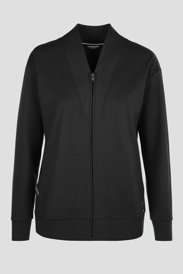 Cherokee Achieve Women's 2-Pocket STRETCH Zip Front Collar Knit Scrub Jacket - Black - 1
