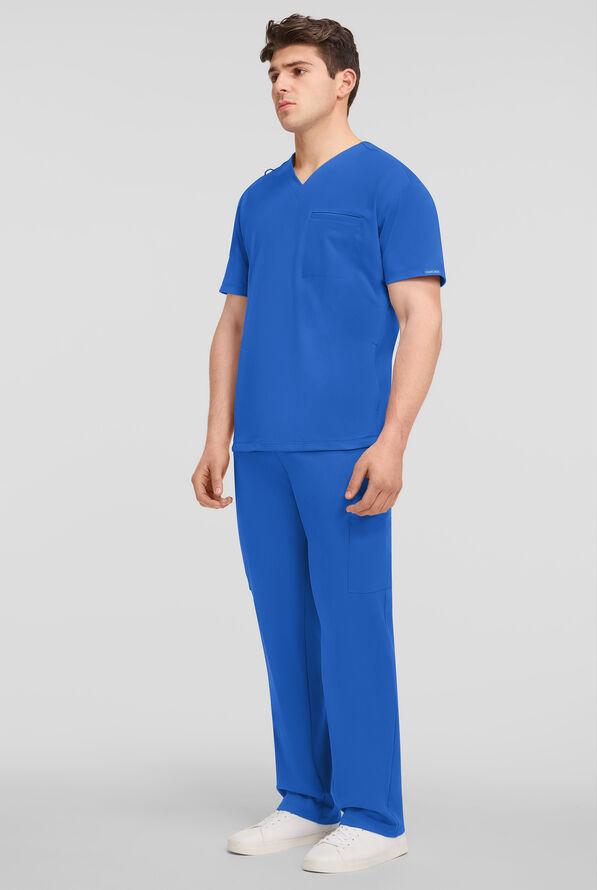 Cherokee Achieve Men's 3-Pocket STRETCH Relaxed V-Neck Knit Scrub Top - Royal - 4