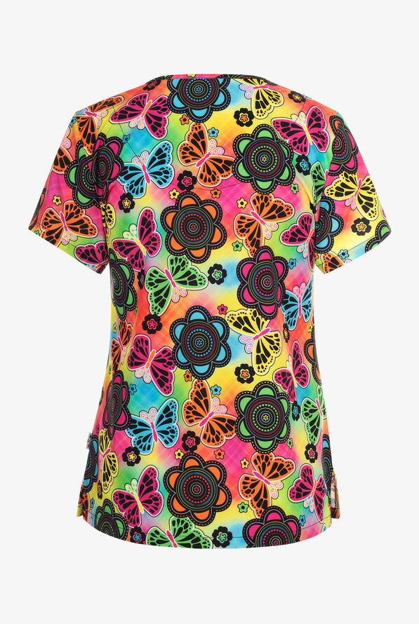Zavate Ava Therese Butterfly Bloom Women's 2-Pocket STRETCH V-Neck Print Scrub Top - null - 2