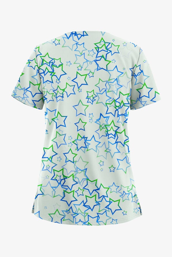 Butter-Soft STRETCH Kaleidoscope Stars Salt Blue Women's 2-Pocket V-Neck Print Scrub Top - null - 2