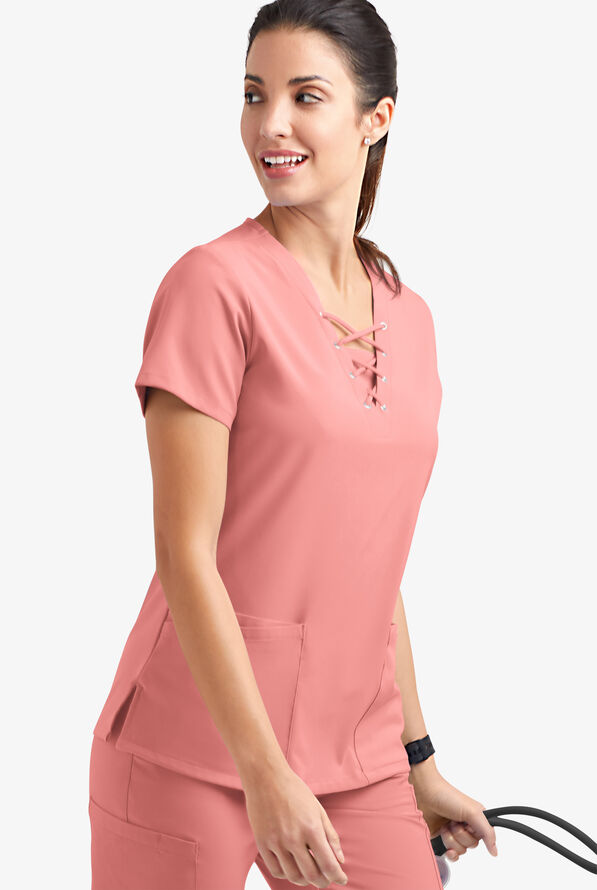 Easy STRETCH Gisele Women's 4-Pocket Lace Up V-Neck Scrub Top - Autumn Coral - 3