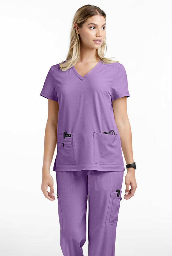 koi Basics Becca Women's 4-Pocket STRETCH V-Neck Scrub Top - Heather Wisteria - 2