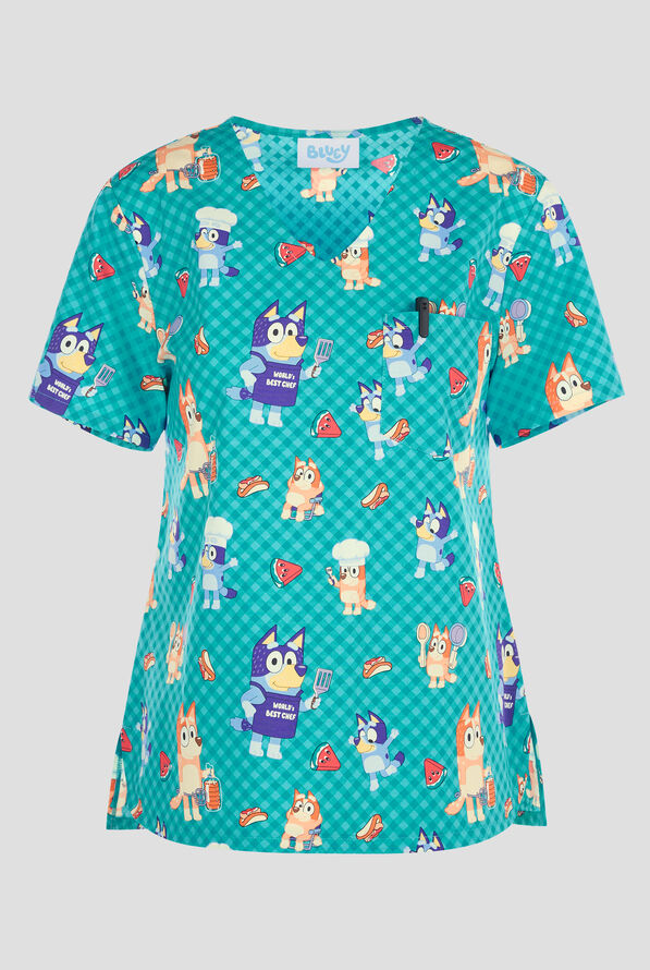 Tooniforms Bluey BBQ Women's 1-Pocket STRETCH V-Neck Print Scrub Top - null - 1
