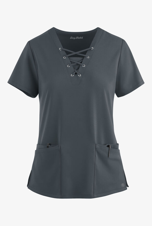 Easy STRETCH Gisele Women's 4-Pocket Lace Up V-Neck Scrub Top - Pewter - 1