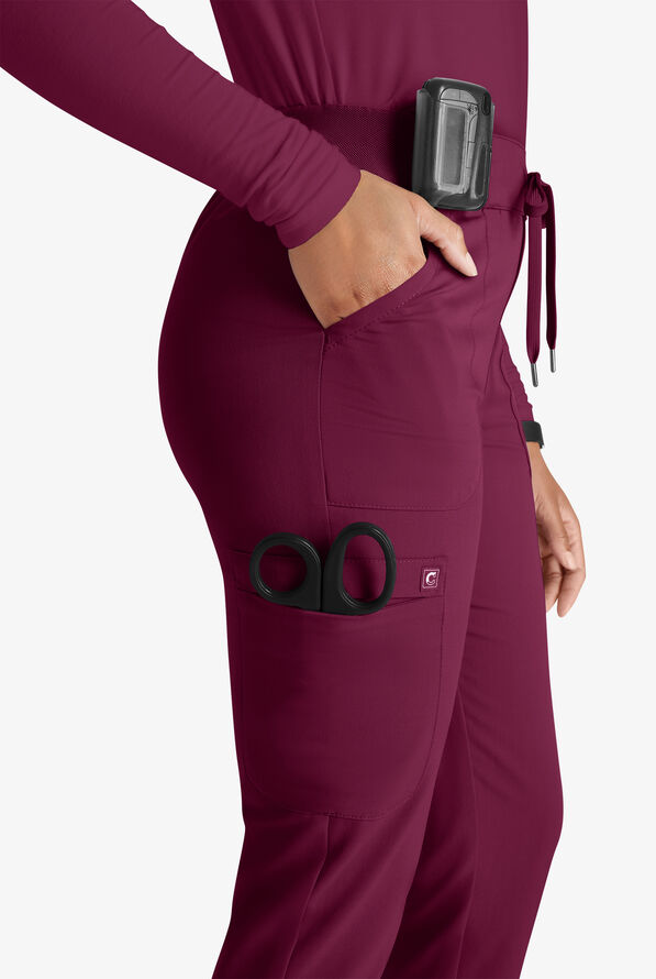 Cherokee Atmos Women's 4-Pocket STRETCH Coolmax Drawstring Cargo Half Jogger Scrub Pants - Wine - 2