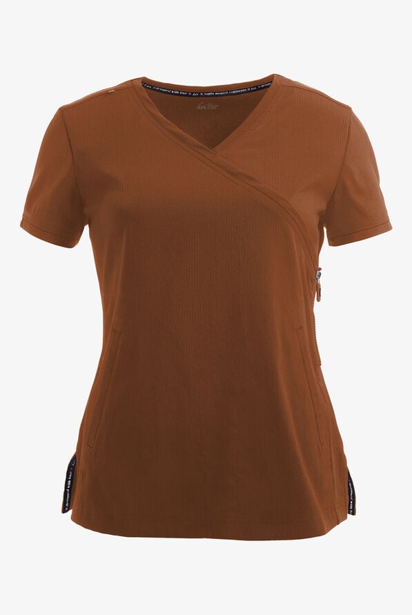 koi Lite™ Philosophy Women's 3-Pocket Mock Wrap Side Zipper Scrub Top - Walnut - 1