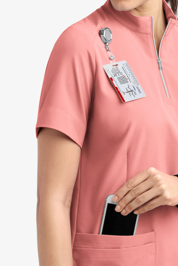 Blusa médica Easy STRETCH Jen con cremallera en el cuello y 4 bolsillos para mujer - Autumn Coral - 6