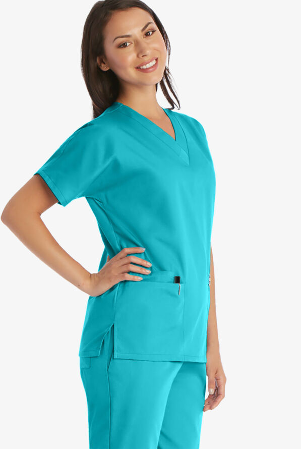 Cherokee Workwear Women's 3-Pocket V-Neck Scrub Top - Teal Blue - 3