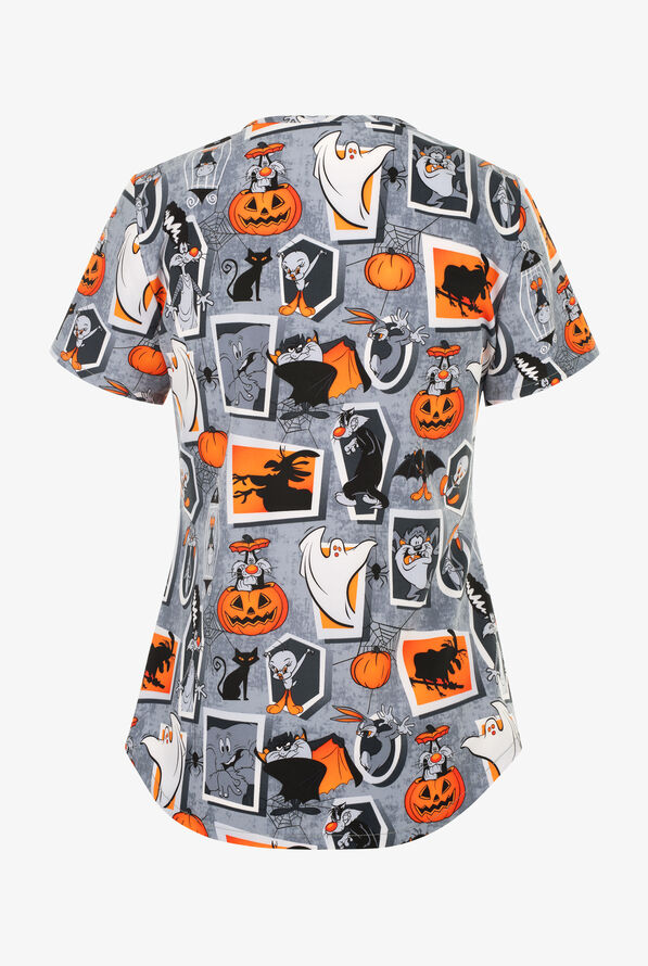 Tooniforms Looney Tunes Tweety Fright Women's 2-Pocket STRETCH V-Neck Print Scrub Top - null - 2