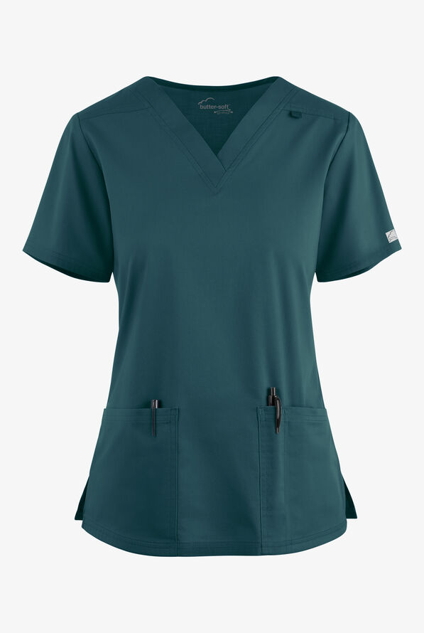 Blusa m&eacute;dica Butter-Soft STRETCH con cuello en V y 4 bolsillos para mujer - Caribbean Blue - 1
