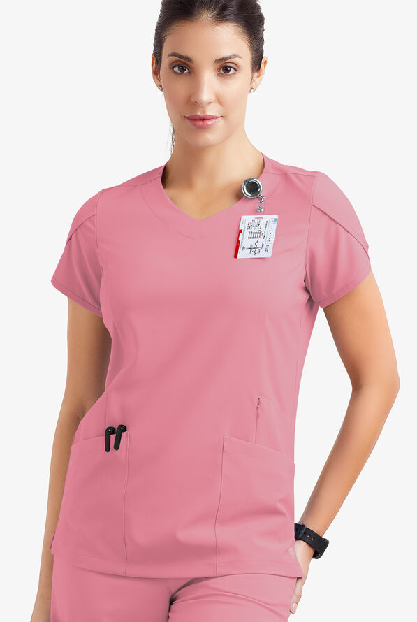 Easy STRETCH Daisy Women's 4-Pocket V-Neck Scrub Top with Petal Sleeves - Cashmere Rose - 3