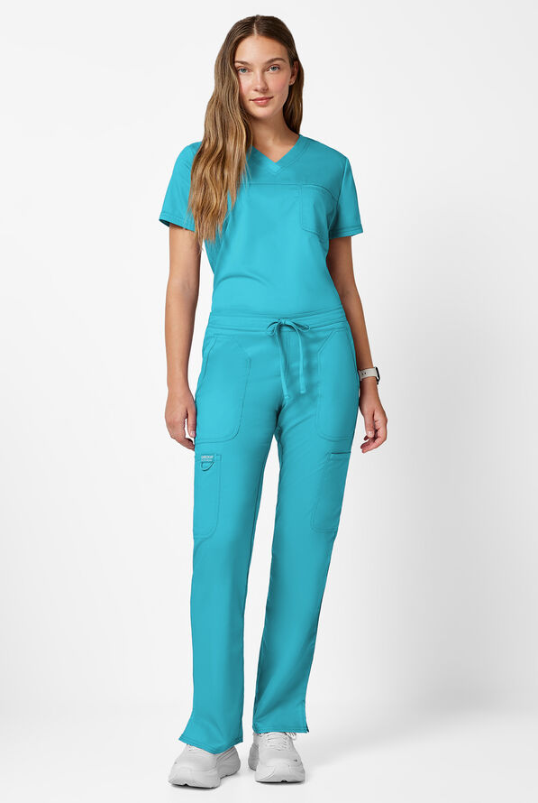 Cherokee Workwear Revolution Women's 5-Pocket STRETCH Drawstring Cargo Scrub Pants - Turquoise - 3