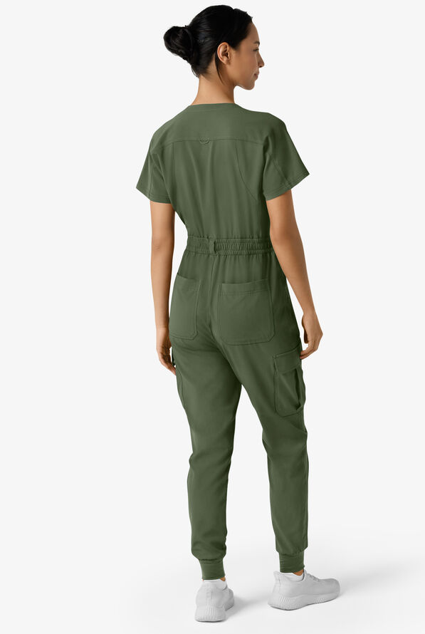 Wink Renew Women's 7-Pocket STRETCH V-Neck Cargo Jogger Jumpsuit - Olive - 3