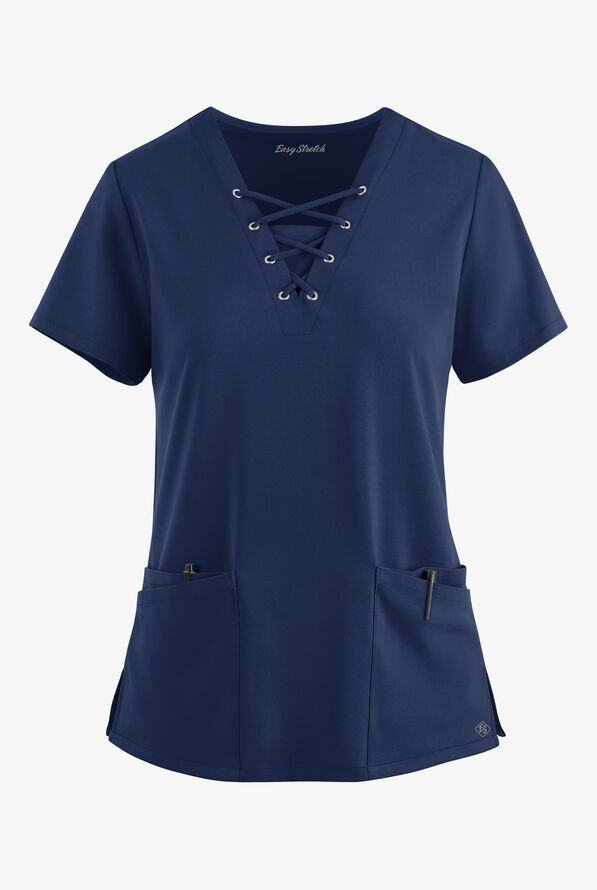 Easy STRETCH Gisele Women's 4-Pocket Lace Up V-Neck Scrub Top - Navy - 1