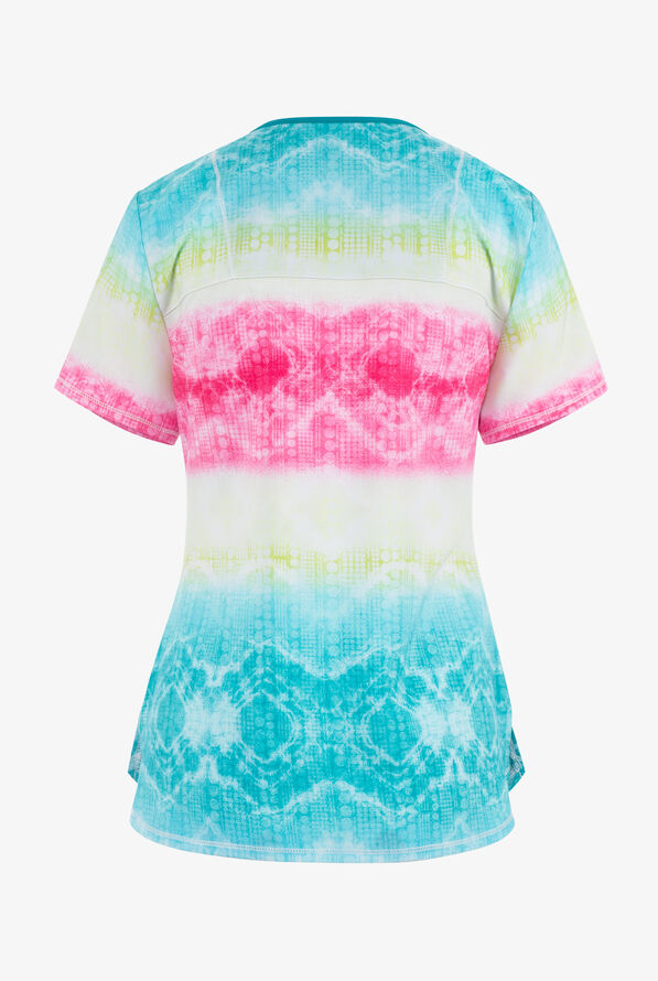 Infinity Trippy Stripes Tie Dye Women's 2-Pocket STRETCH V-Neck Print Scrub Top - null - 2