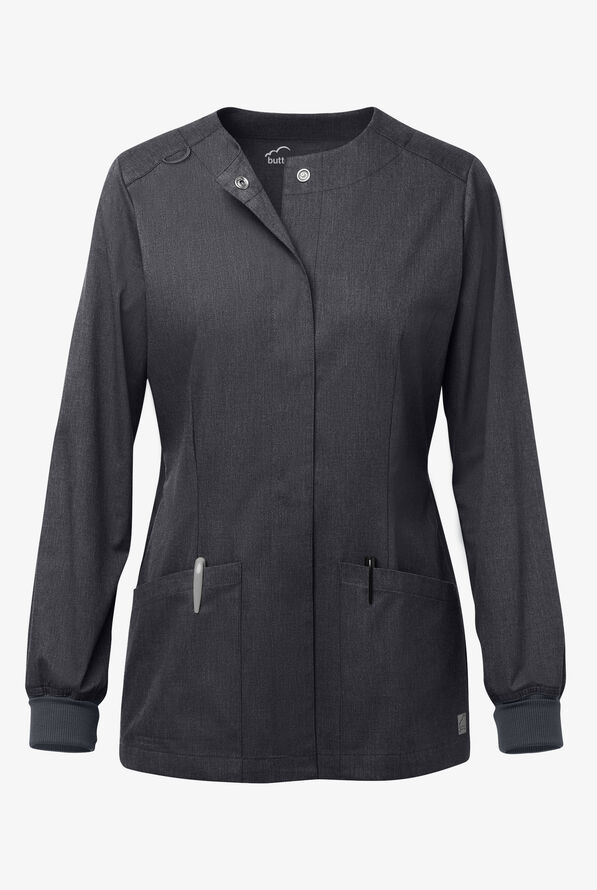 Butter-Soft STRETCH Women's 2-Pocket Long Sleeve Snap Front Scrub Jacket - Heather Charcoal - 1