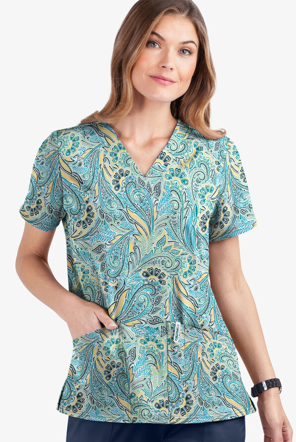 Butter-Soft STRETCH  White Vienna Paisley Women's 2-Pocket V-Neck Print Scrub Top - null - 1