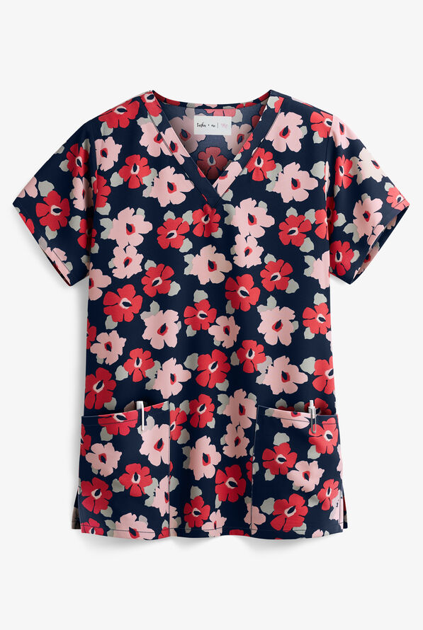 Tasha & Me Nouve Flora Women's 2-Pocket V-Neck Print Scrub Top - null - 1
