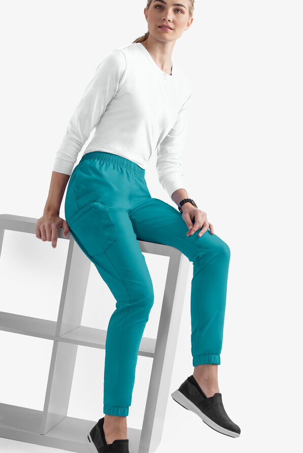 Butter-Soft Core Women's 6-Pocket Jogger Cargo Scrub Pants - Petite - Teal - 2