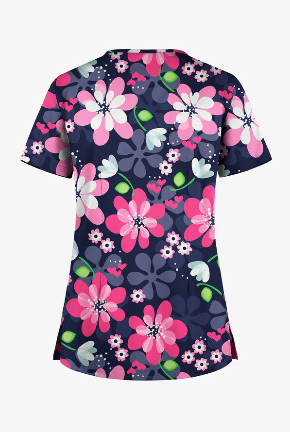Blusa médica estampada Butter-Soft STRETCH Fantasy Flora Navy con cuello en V y 1 bolsillo para mujer - null - 2