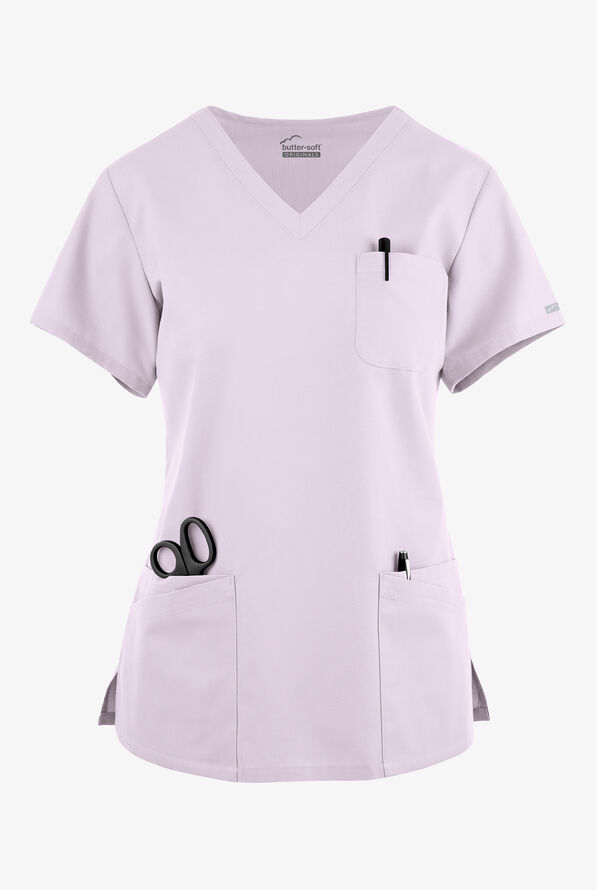 Blusa médica Butter-Soft Originals con cuello en V curvo y 7 bolsillos para mujer - Orchid Petal - 1