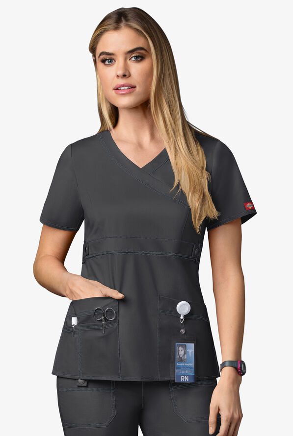Dickies Gen Flex Youtility Women's 4-Pocket STRETCH Contemporary Mock Wrap Scrub Top - Dark Pewter - 3