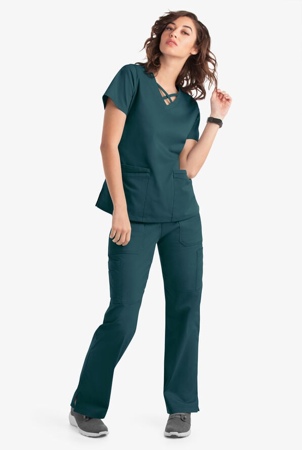 Blusa m&eacute;dica UA Butter-Soft STRETCH con lazos entrecruzados y 4 bolsillos para mujer - Caribbean Blue - 6