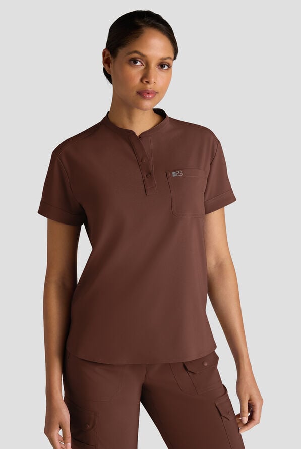 Easy STRETCH Bella Women's 1-Pocket Henley Scrub Top - Double Espresso - 1
