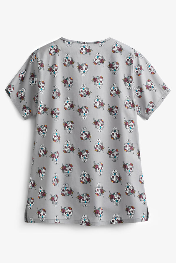 Tasha & Me Sugar Skulls Women's 2-Pocket V-Neck Print Scrub Top - null - 2