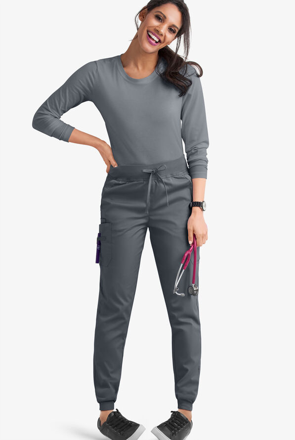 Butter-Soft STRETCH Women's 5-Pocket Cargo Jogger Scrub Pants - Petite - Pewter - 2