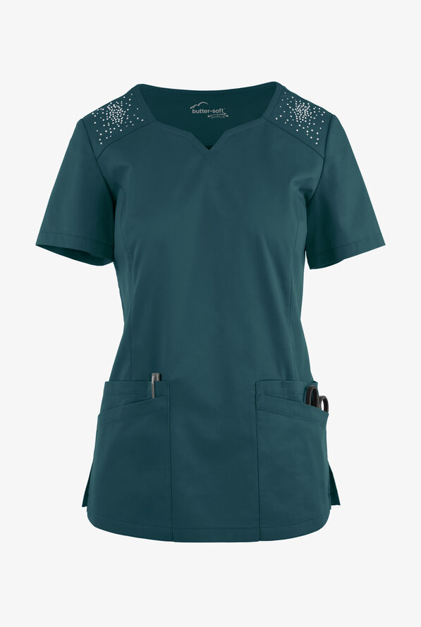 Blusa m&eacute;dica UA Butter-Soft STRETCH Crystal Bling con 6 bolsillos para mujer - Caribbean Blue - 1