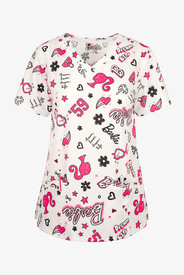 FUNSCRUBS Barbie Love Women's 2-Pocket STRETCH V-Neck Print Scrub Top - null - 1