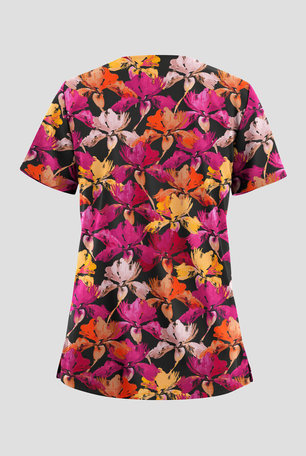 Butter-Soft STRETCH Painted Petals Women's 2-Pocket V-Neck Print Scrub Top - null - 2