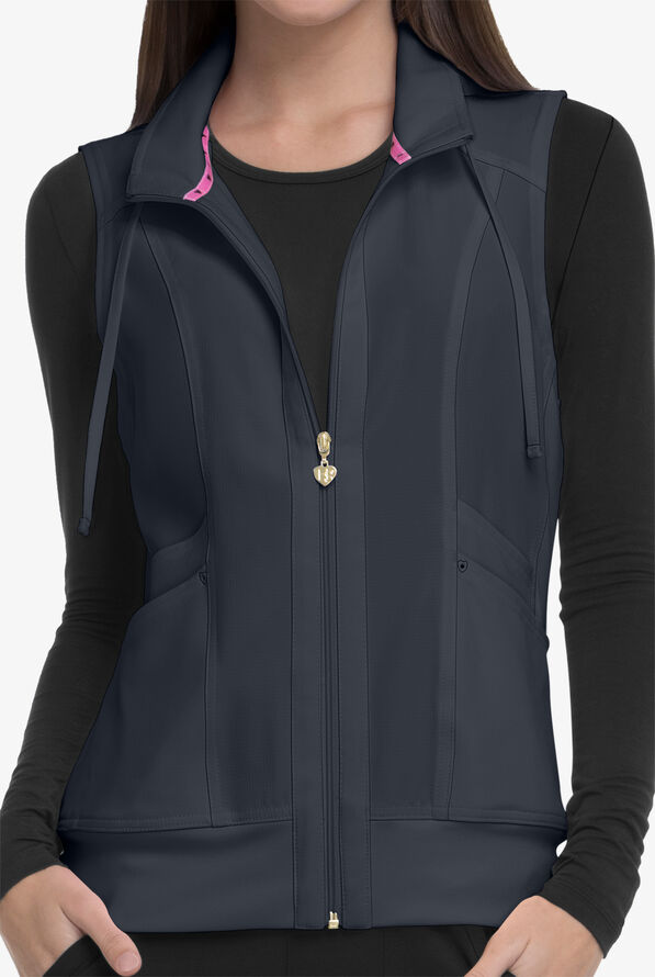 heartsoul Break On Through Women's 4-Pocket STRETCH With Removable Hoodie Scrub Vest - Pewter - 2