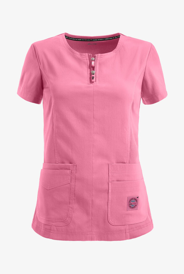 koi Lite™ Serenity Women's 4-Pocket Double Zipper Scrub Top - Peony Pink - 1