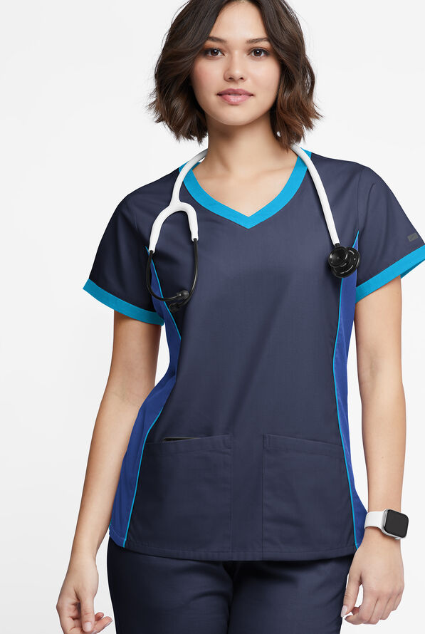 Blusa médica Butter-Soft Originals Tri-Colorblock con cuello en V y 4 bolsillos para mujer - Navy/Galaxy/Turquoise - 2