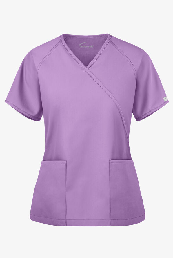 Butter-Soft Core Women's 2-Pocket Solid Mock Wrap Scrub Top - Orchid - 1
