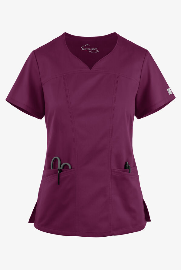Butter-Soft STRETCH Women's 4-Pocket Sweetheart Neck Scrub Top - Wine - 1
