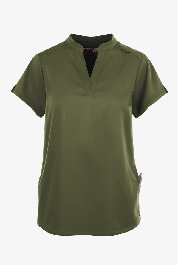 Grey's Anatomy by Barco Spandex STRETCH Avery Women's 2-Pocket Notch Sleeve V-Neck Scrub Top - Olive - 1