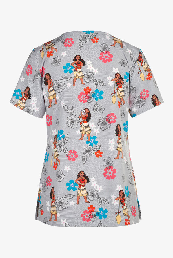 Tooniforms Disney's Moana Happiness Women's 3-Pocket STRETCH V-Neck Print Scrub Top - null - 2